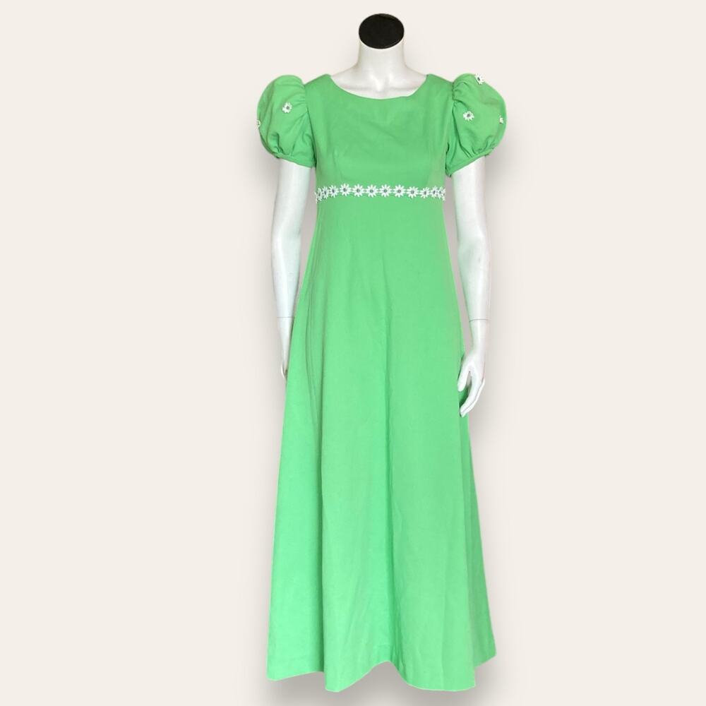 Vintage 70s Prom Maxi Dress Green Empire Waist Daisy Appliqué Sz S